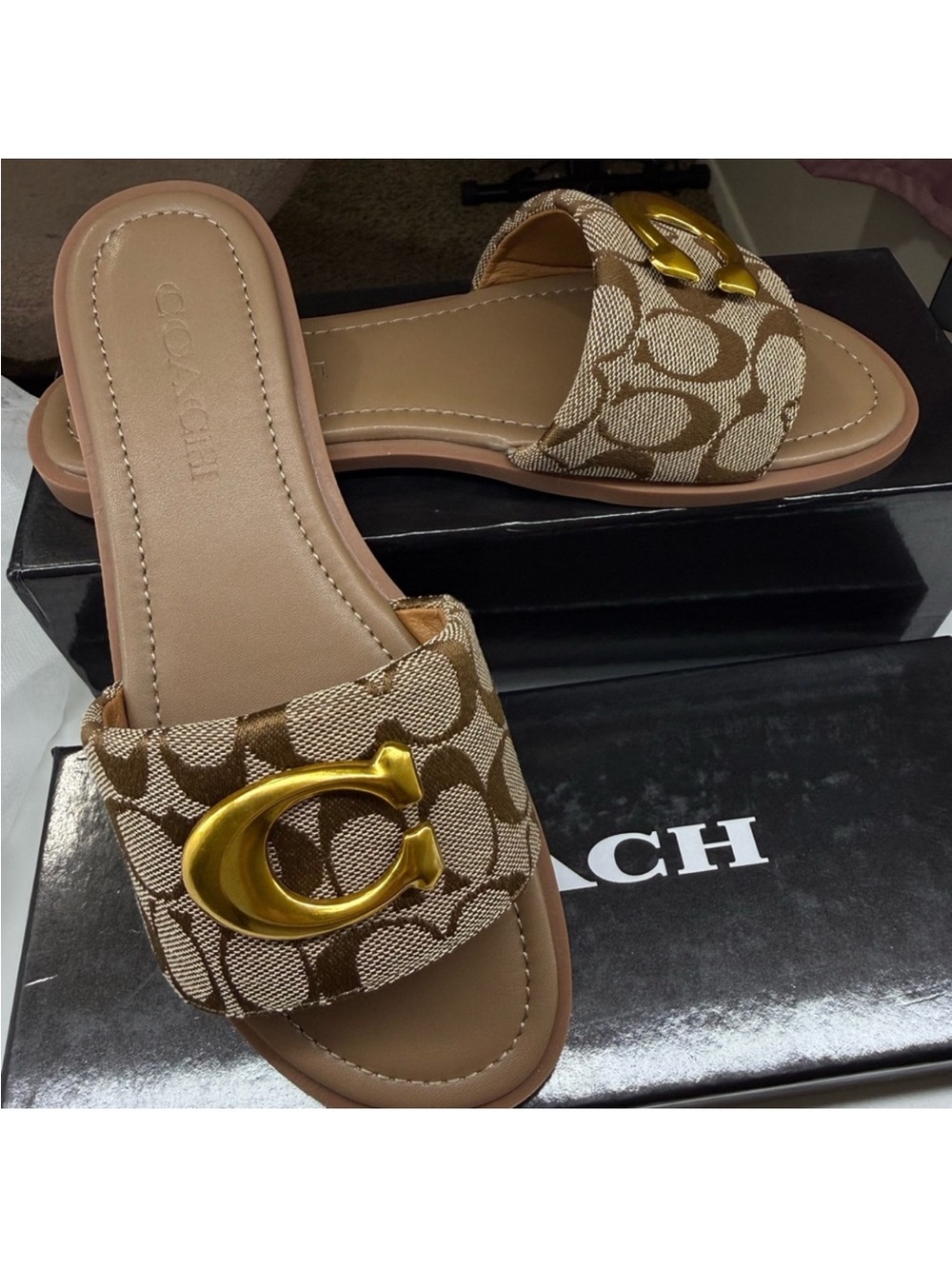 Coach Brown Signature Canvas Slide Sandals
